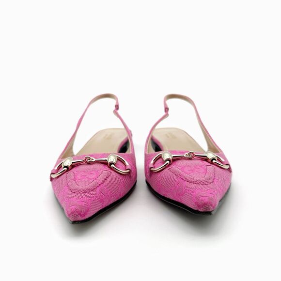 GUCCI Erin Horsebit Pointed Toe Slingback Flat Size 37 Pink GG Guccissima - Picture 6 of 13